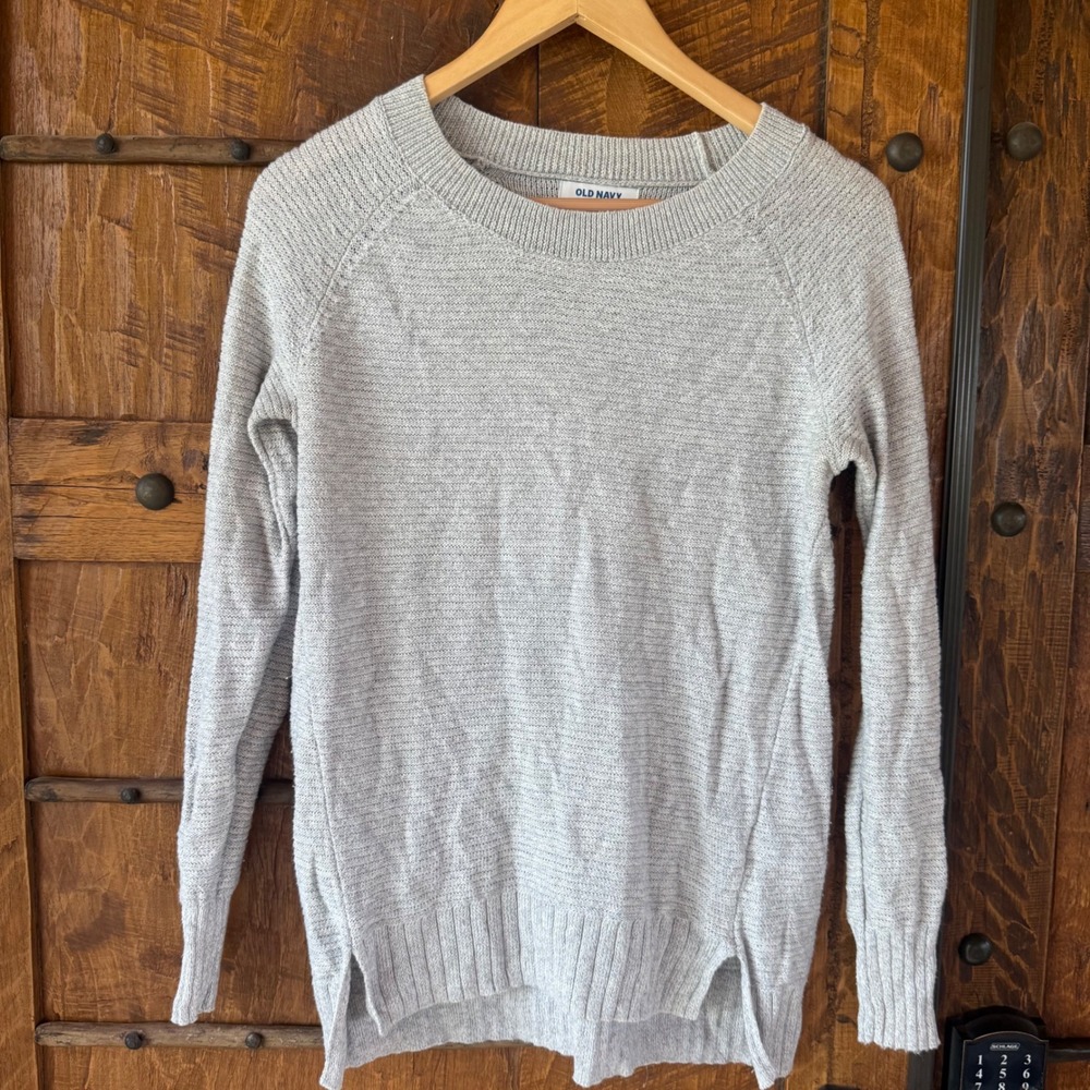 Old Navy Sweater Womens XS Gray Marl Crewneck Raglan High Low Textured Knit